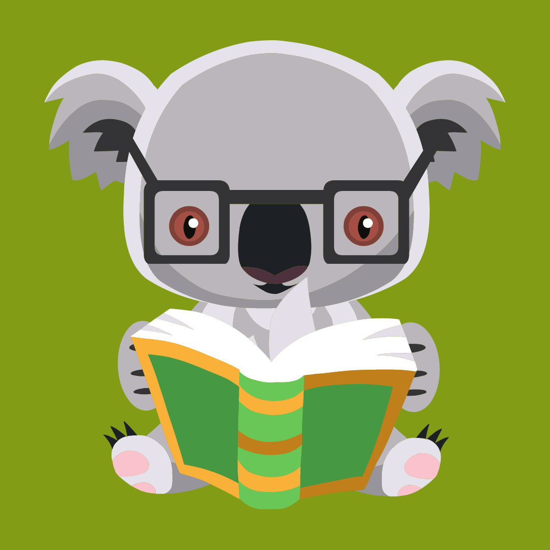 A koala wearing glasses and reading a book