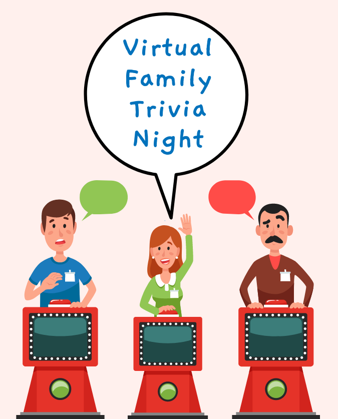 People answering Trivia. Text in center speech bubble reads "Virtual Family Trivia Night"