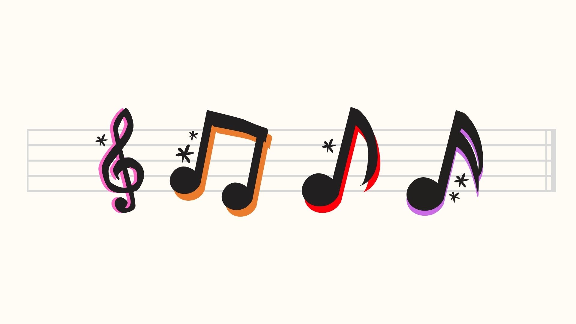 Four multicolored musical notes