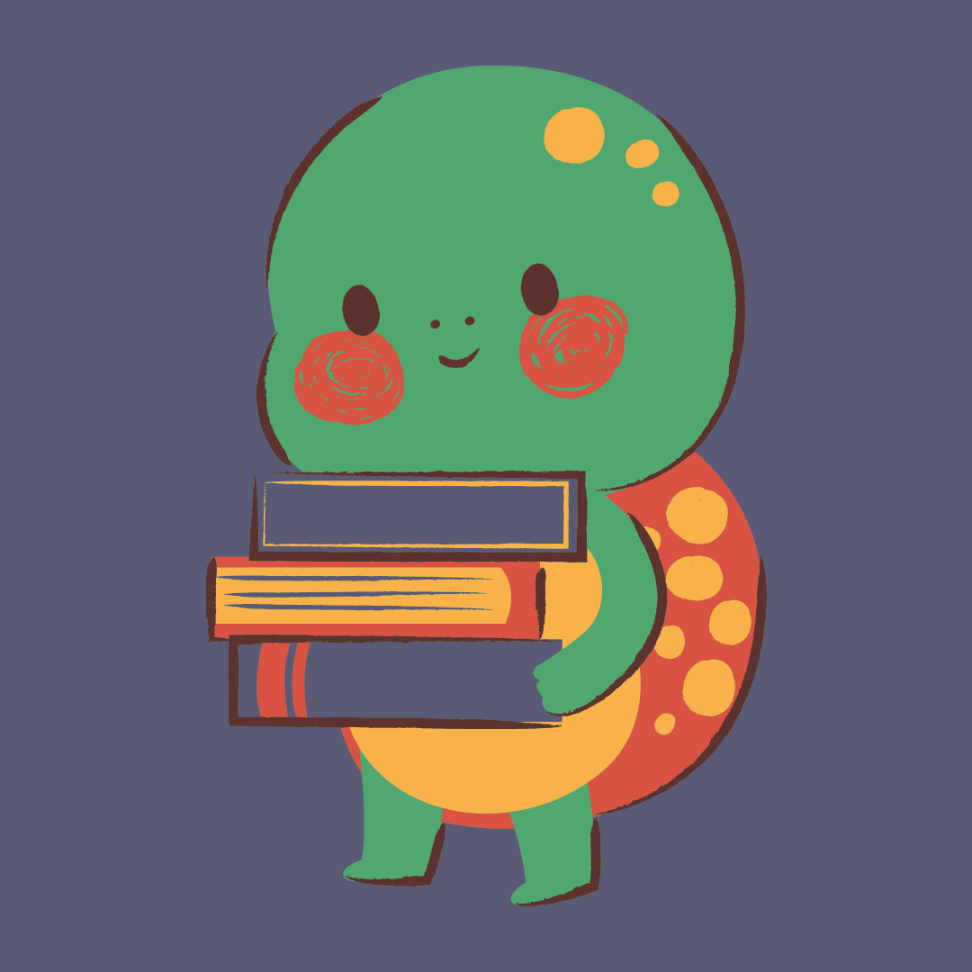 a cartoon turtle carrying a stack of books