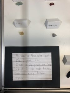 A card that reads "My name is Alexander and I'm 8 years old. I am in 2nd grade at Pierce School. I like rocks because there are many different types."