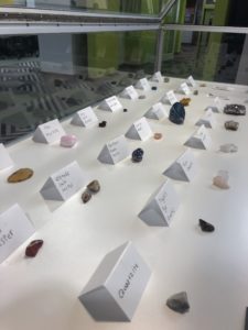 Display case with an assortment of rocks
