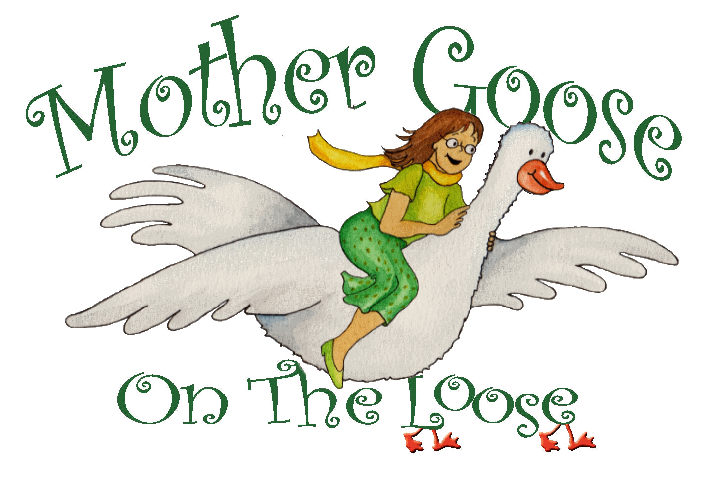 official logo for mother goose on the loose, includes a woman wearing green flying on a goose