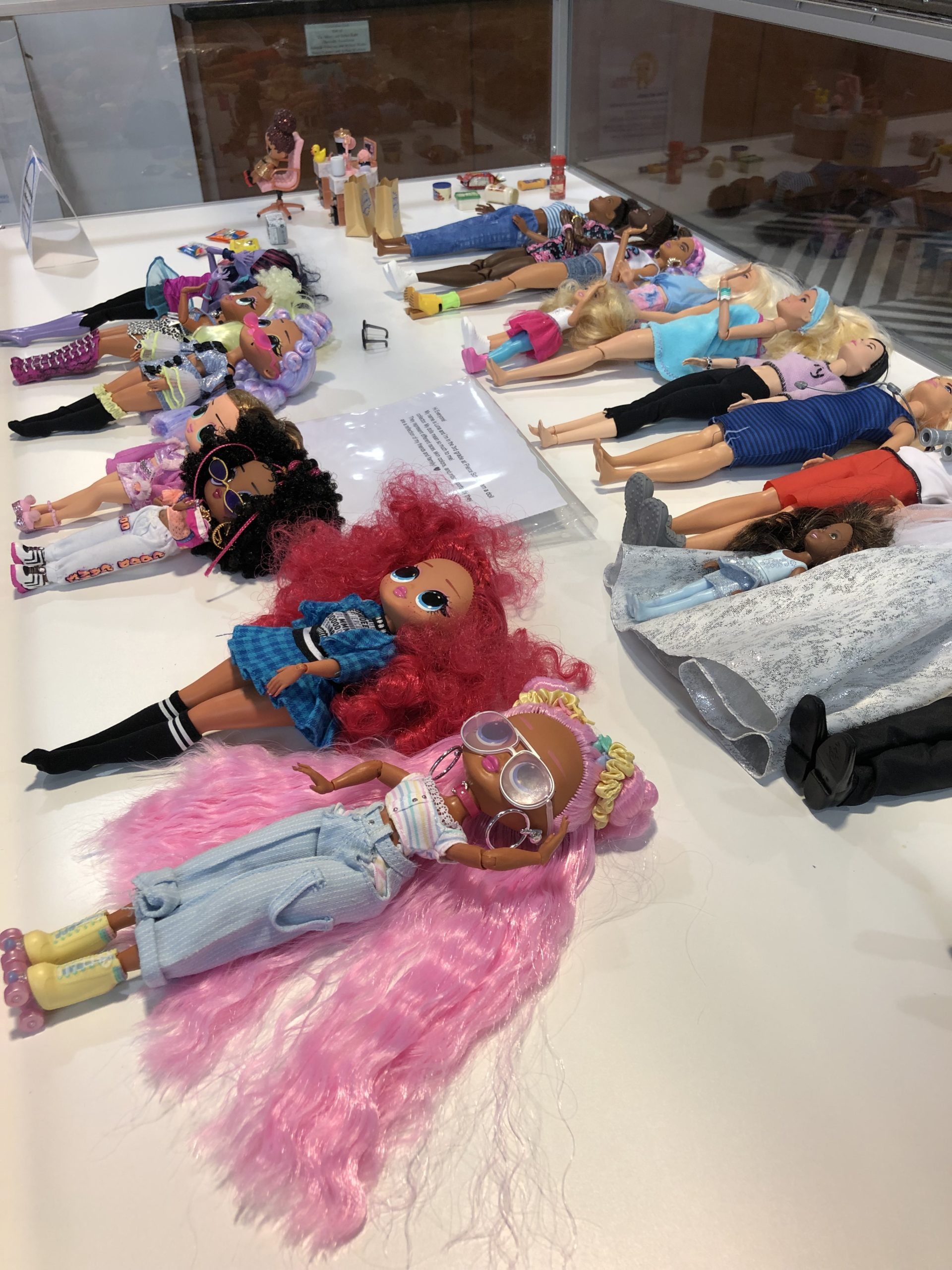 Display case of dolls with different colored hair, skin-tone, and outfits