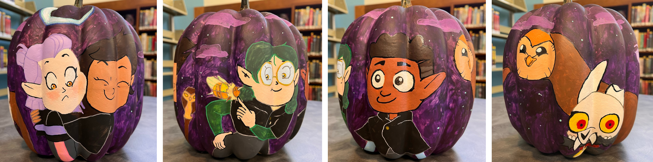 A pumpkin painted with a panorama of the main characters of the cartoon Owl House