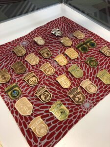 Collection of National Park Junior Ranger badges in a display case