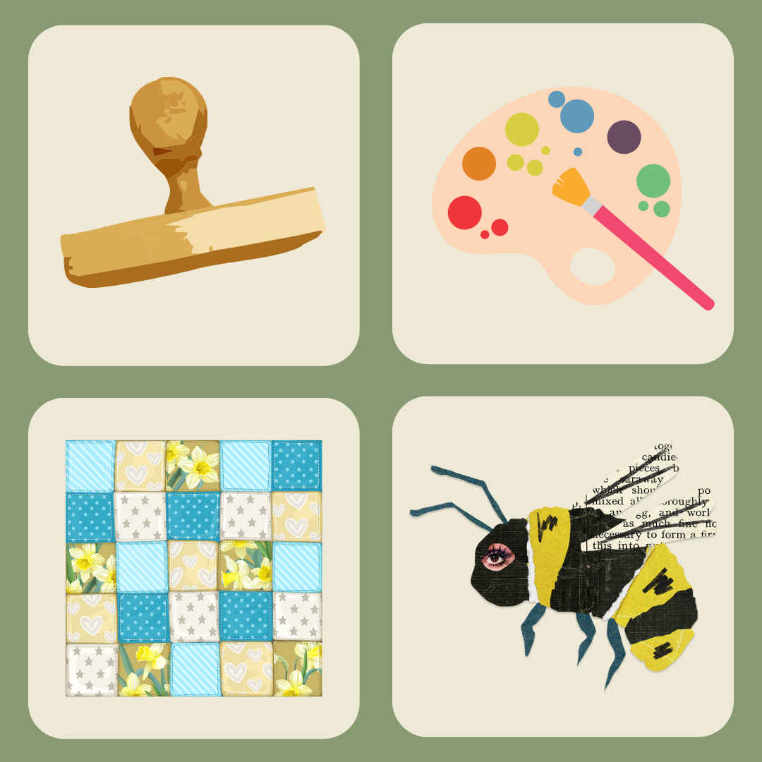 four images in a grid of a stamp, paintbrush and palette, quilt square, and a collage bee