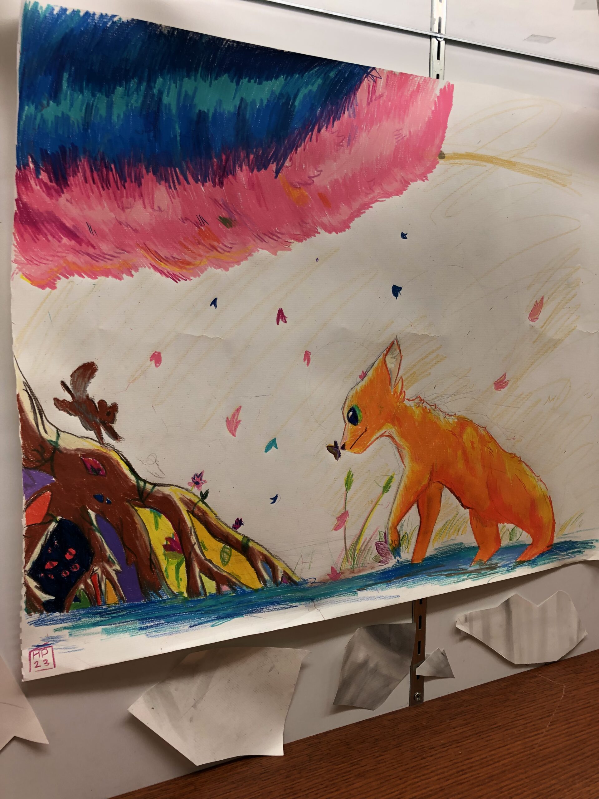 Drawing of a tree, cat, squirrel, and colorful clouds