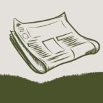 Drawing of a newspaper in olive green on a beige background with a bit of matching foreground that looks like grass