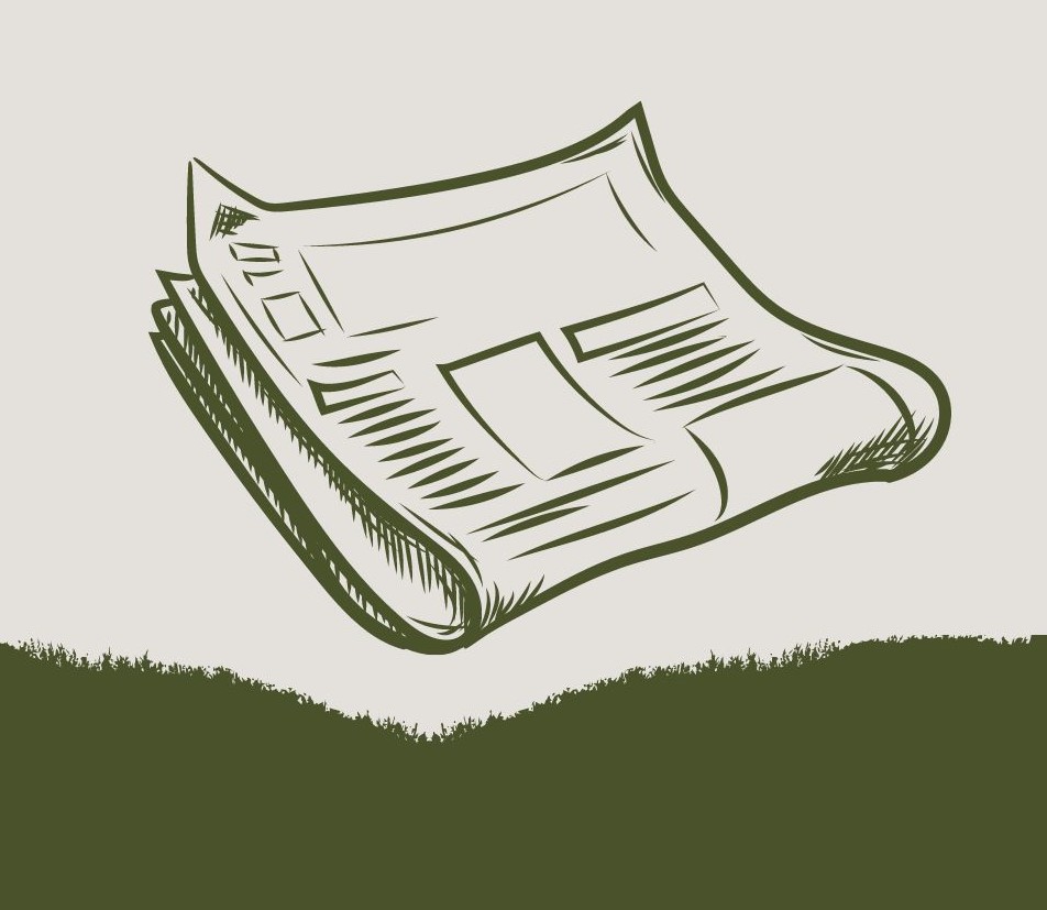 Drawing of a newspaper in olive green on a beige background with a bit of matching foreground that looks like grass