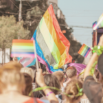 ID: A crowd of people seen from behind, holding rainbow and trans pride flags.