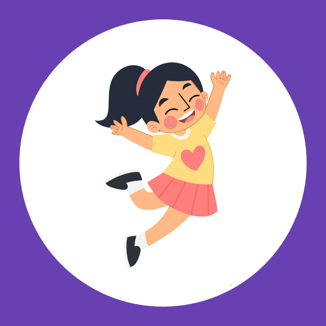 clip art image of a girl jumping with a smile on her face in front of a purple background