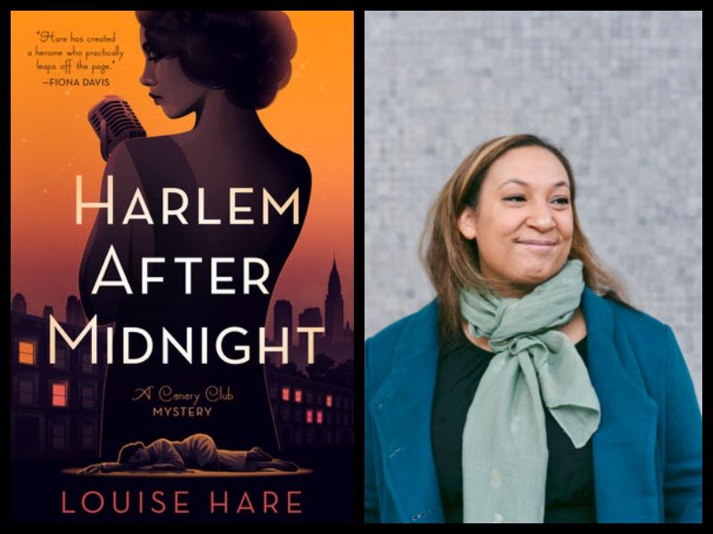 The left-hand side of the image shows the cover of "Harlem After Midnight." The right-hand side is Louise Hare's author photo.