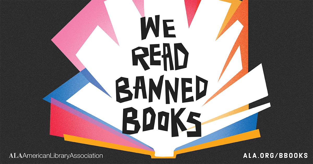Graphic of open books with the slogan "We read banned books"