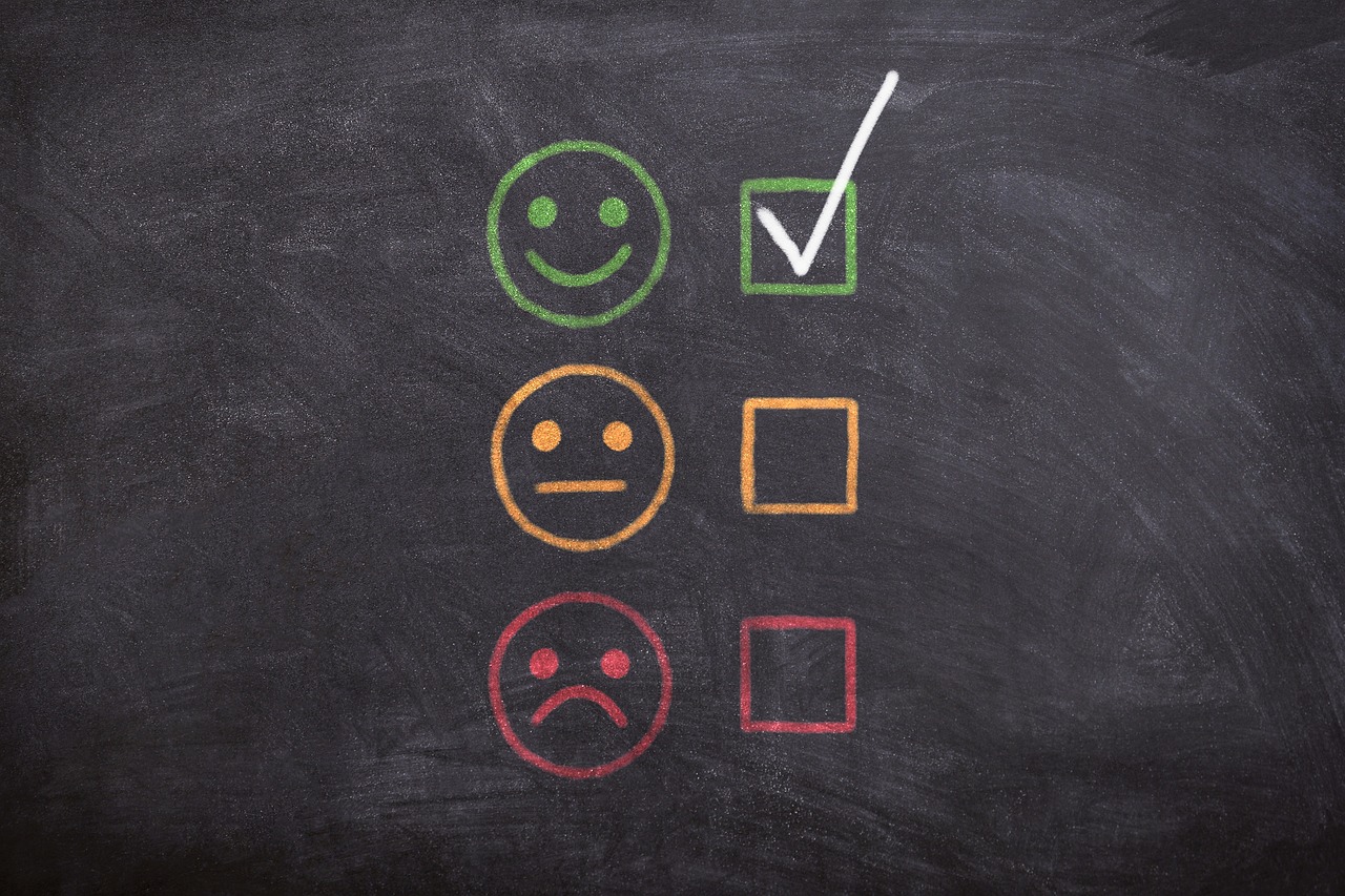 A chalkboard with a range of smiley faces from happy to sad, with check boxes next to each face.