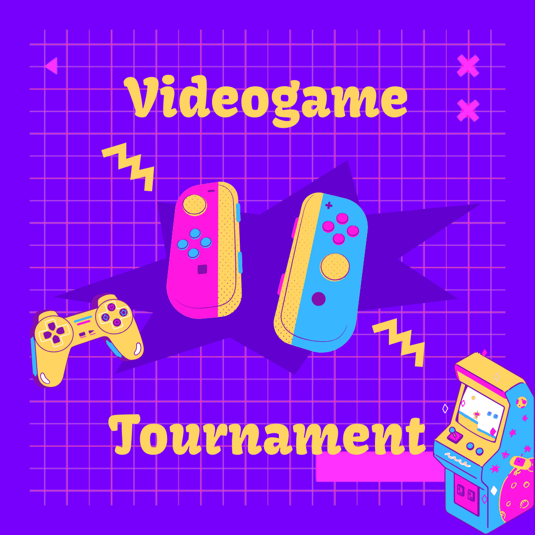 Digital illustration of videogame controllers and the words "videogame tournament"