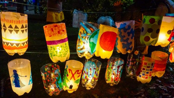 latin american lanterns, lit up at night