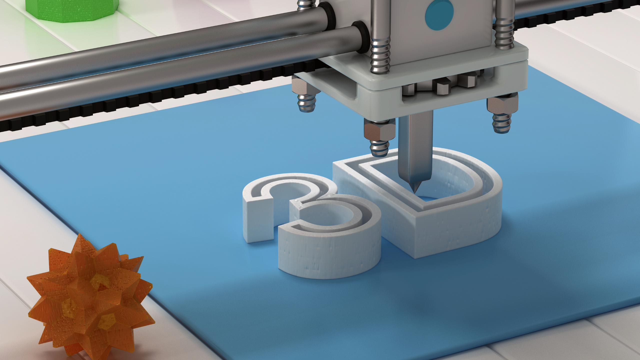 Image of 3D printer, printing the word "3D"
