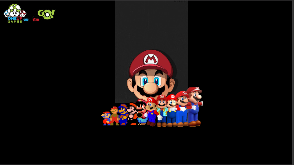 A digital image of Super Mario's head on a black background. In front are versions of Mario from different eras of videogames.