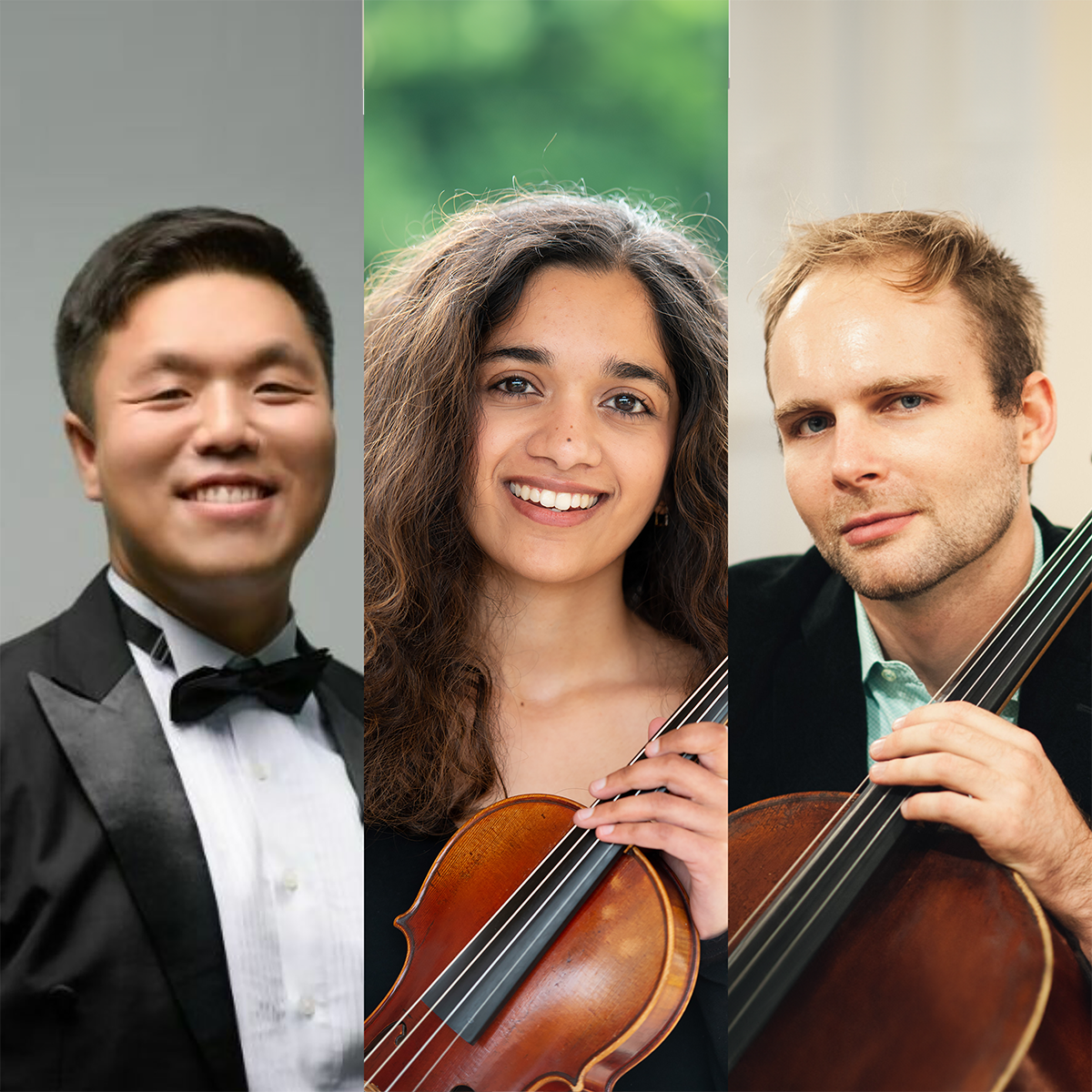 Photographs of three musicians, one holding a violin and one holding a cello.