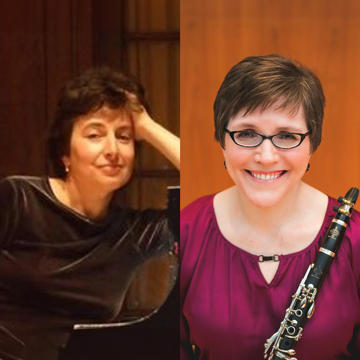 Two headshots of classical musicians. On the left, a woman leans against a piano. On the right, a woman holds a clarinet.