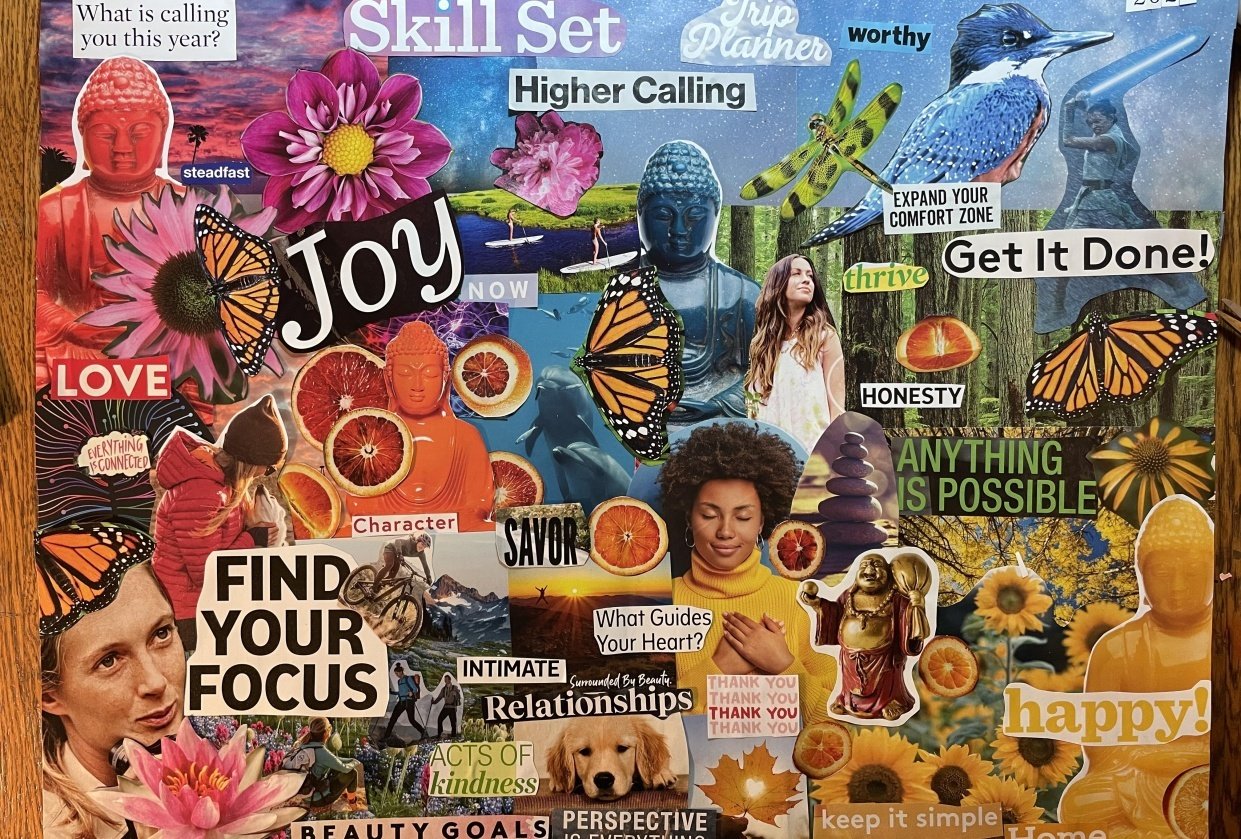 Collage with text and images cut-out from magazines