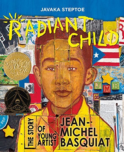 Book cover of Radiant Child by Javaka Steptoe, with a Black boy in the center surrounded by a stylized collage including a Puerto Rican flag, blocks reading JMB, and a map of Brooklyn.