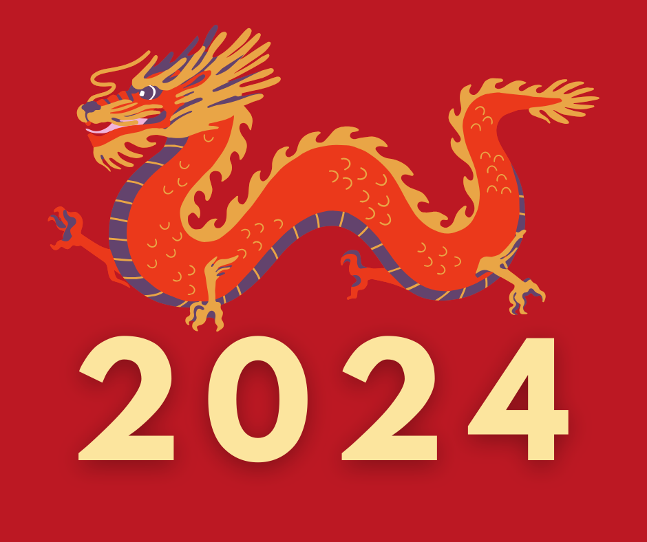 illustrated Chinese dragon with 2024 written beneath it, on a red background
