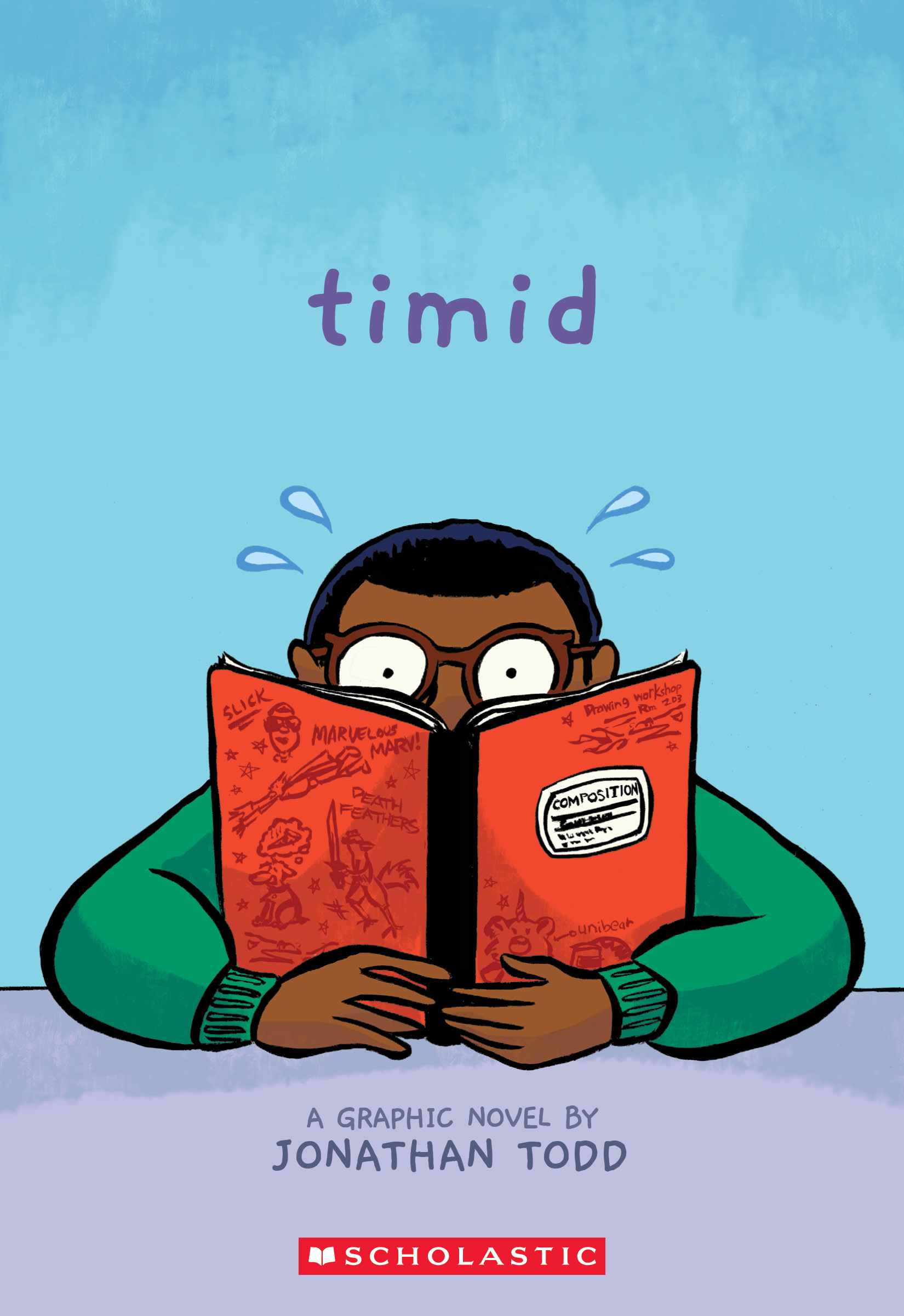 Cover of graphic novel entitled "Timid," with a drawing of a Black child with his head in a book