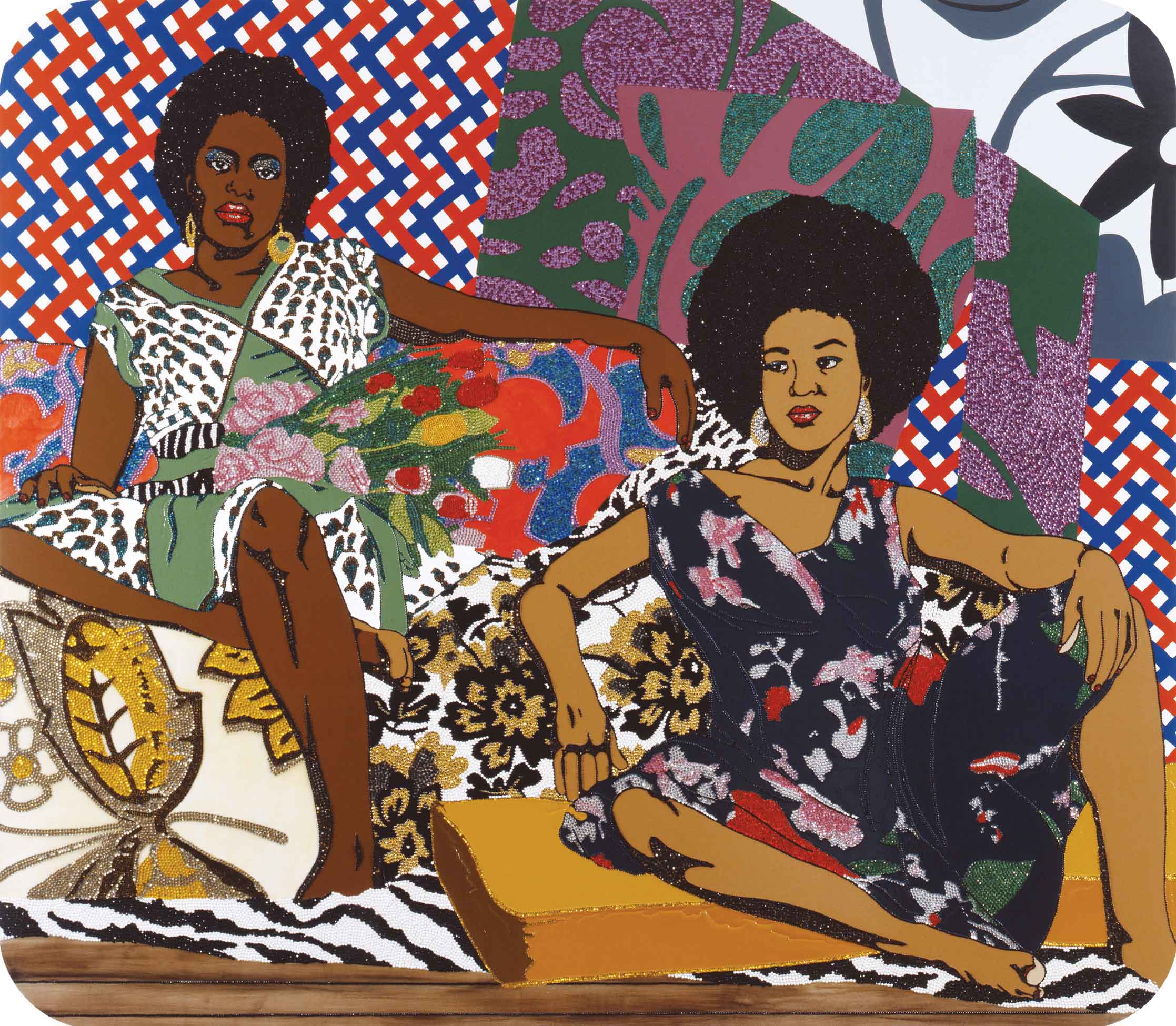 Mixed media painting of two Black women by artist Mickalene Thomas
