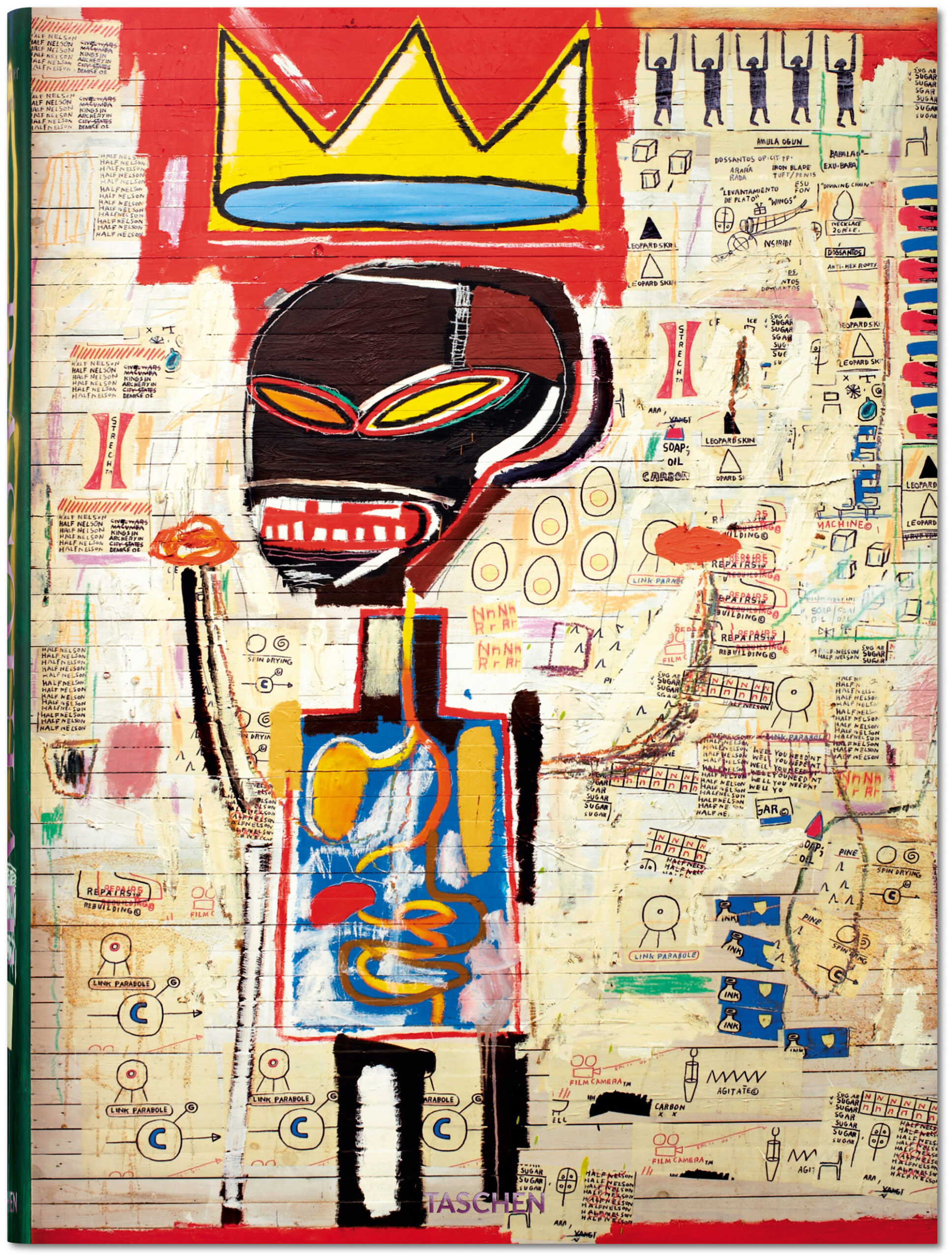 Mixed media artwork of a figure wearing a crown by Jean Michel Basquiat