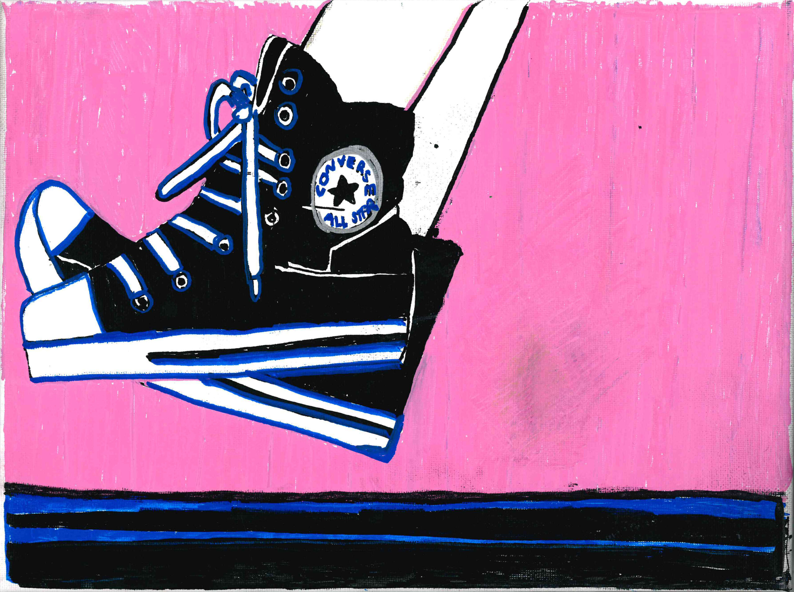 Painting of a person's feet in black Converse on a pink background.
