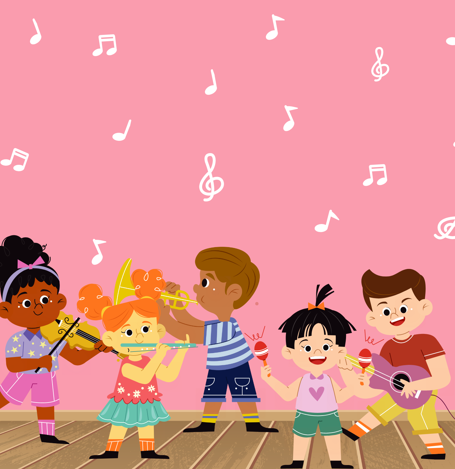Five kids play musical instruments on a pink background