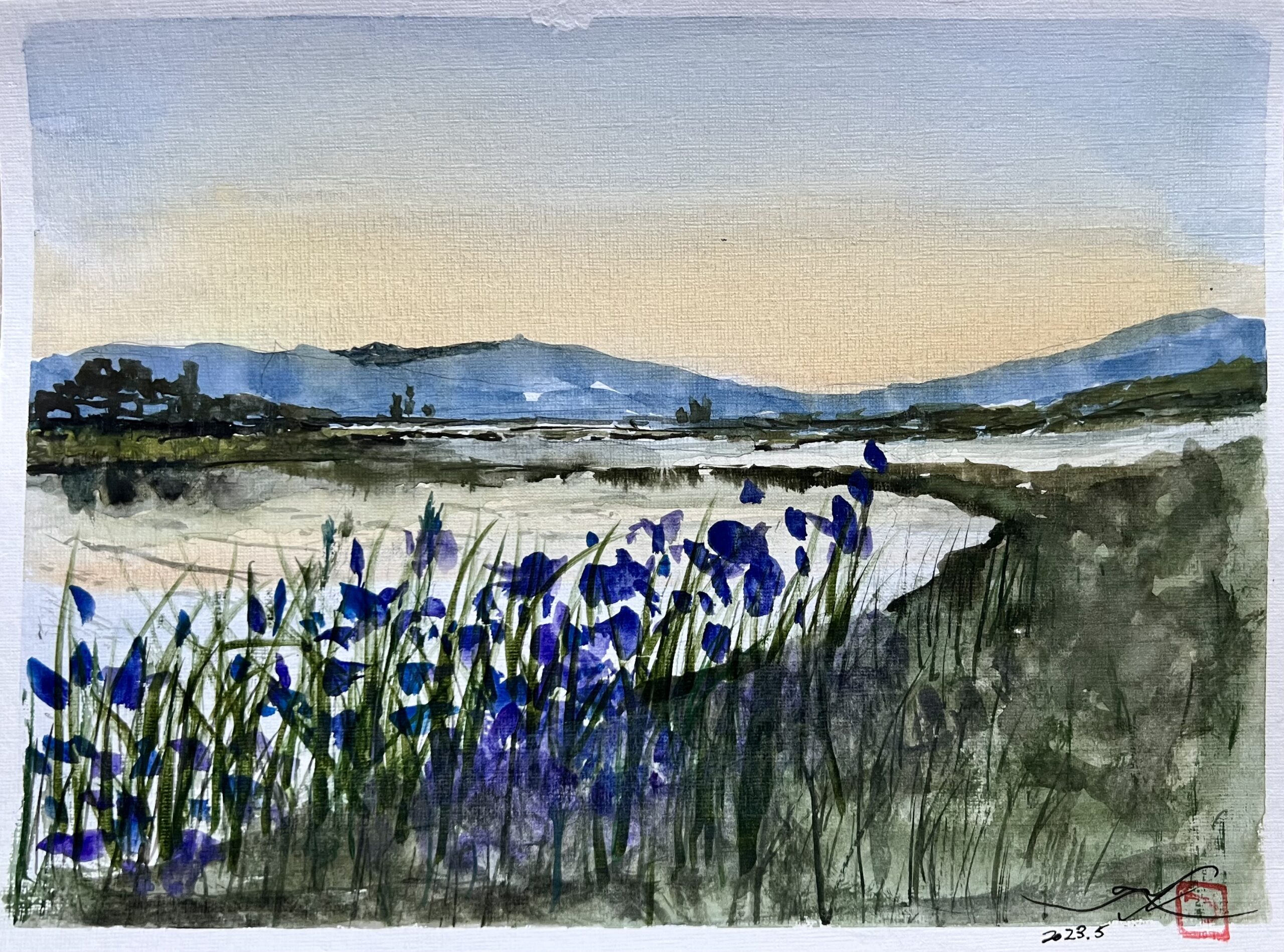 Watercolor landscape painting with purple flowers in the foreground and mountains in the background.