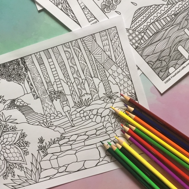 Coloring book page with colored pencils