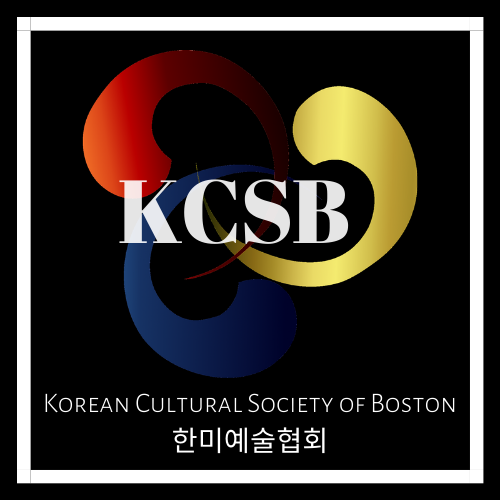 A black background with the white letters KCSB in the center surrounded by swooshes in primary colors. The bottom text, also in white, reads Korean Cultural Society of Boston with Korean lettering underneath,