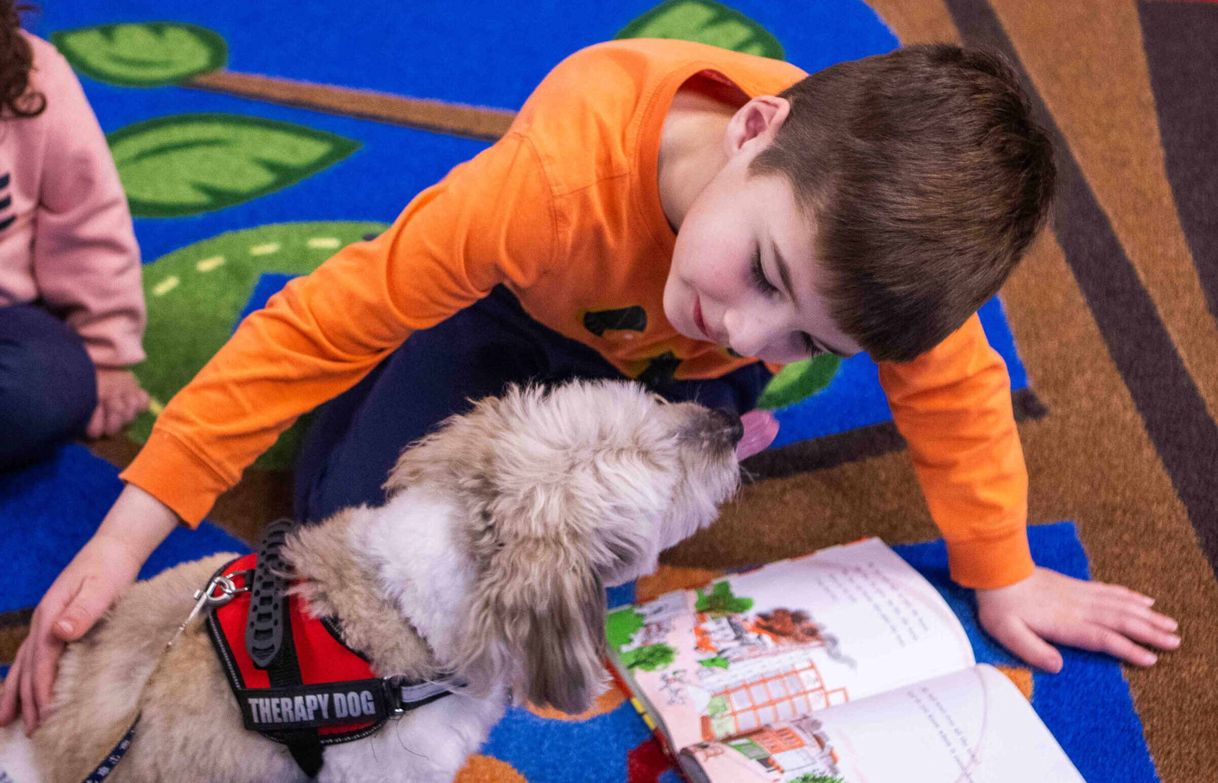 boy and small dog on rug with open book