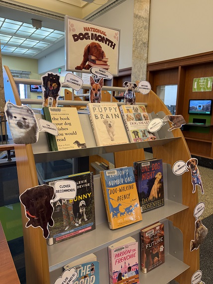 National Dog Month book display shelf festooned with pictures of cute dogs.